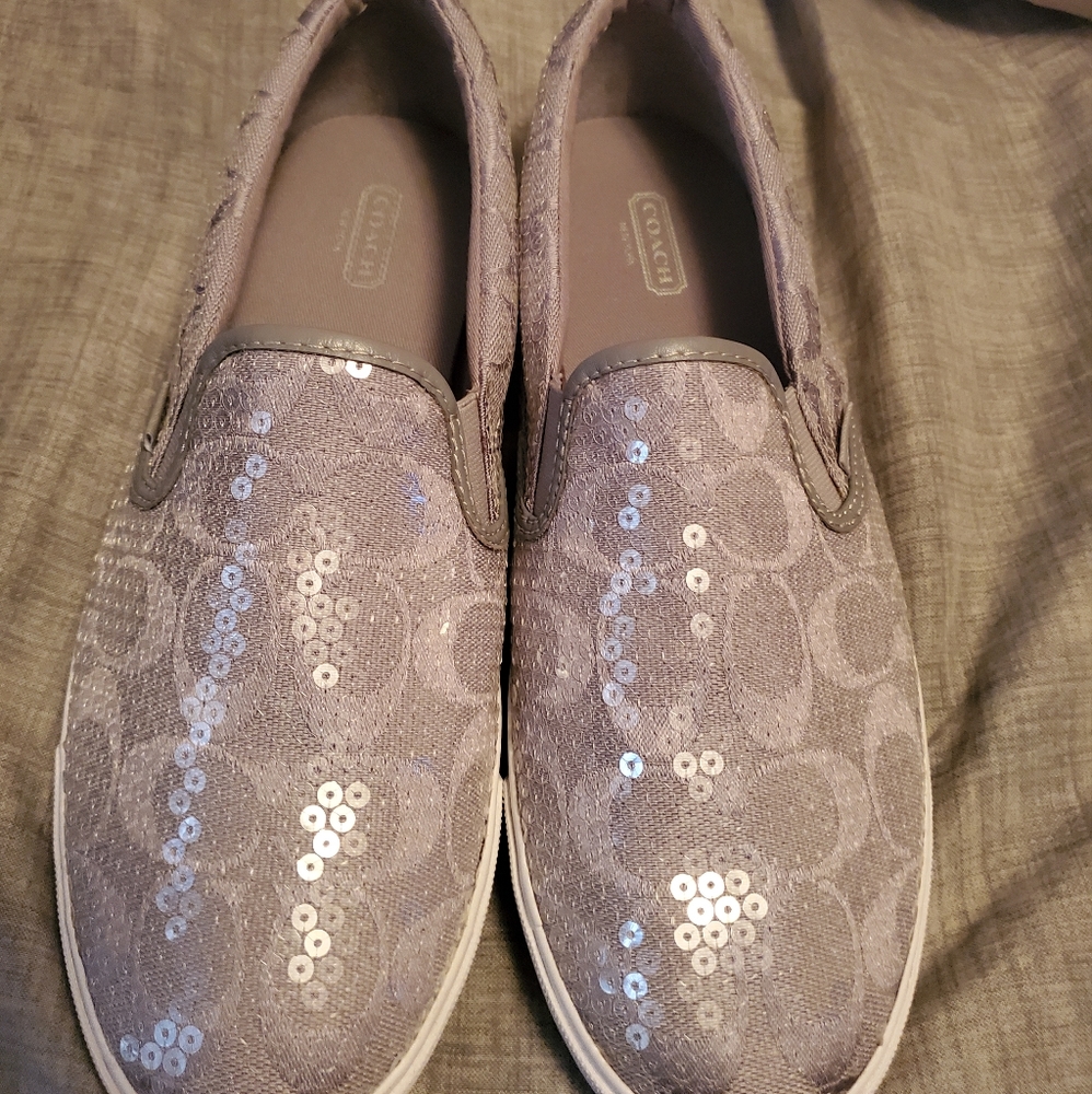 Coach Womens Signature Kivy Sequin Slip On Sneakers Gray Size 9.5 Coach Logo
